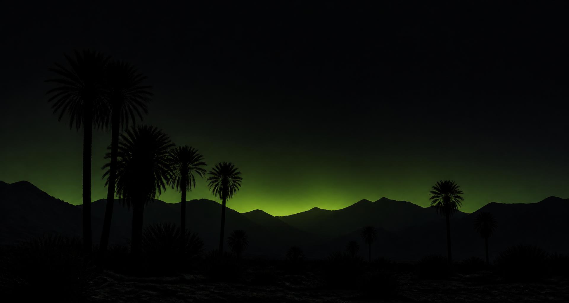 Coachella Valley palm trees and desert mountains at night